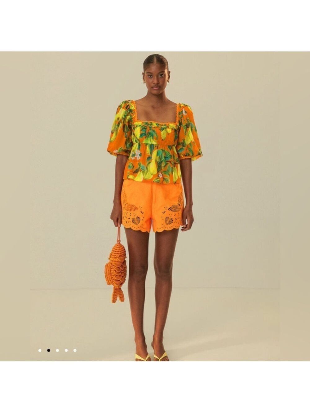 Farm Rio Orange Chic Pears Short Sleeve Blouse
